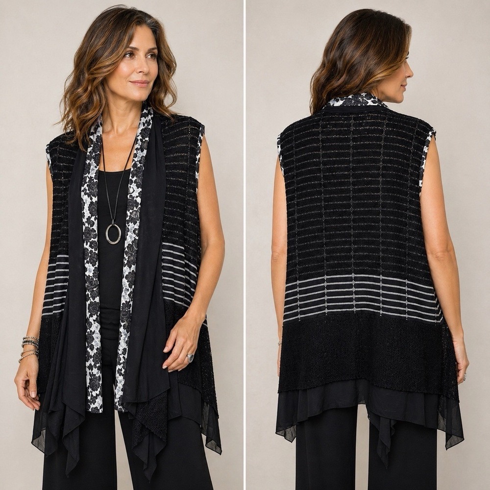 Multiples Womens 3X Layered Open Front Vest Cardigan Art to Wear Lagenlook Black